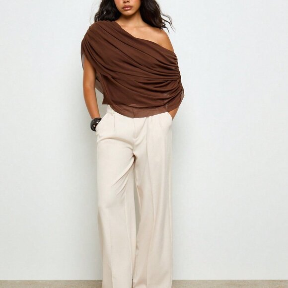 Brown Casual Women's Elegant Asymmetric Draped Off Shoulder Blouse - Picture 3 of 4
